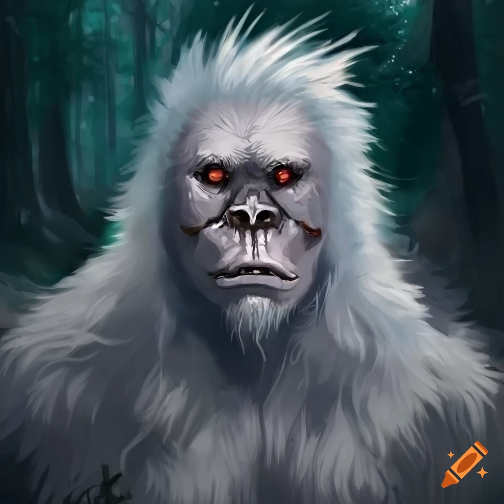 portrait of a heroic fantasy bigfoot in white fur armor