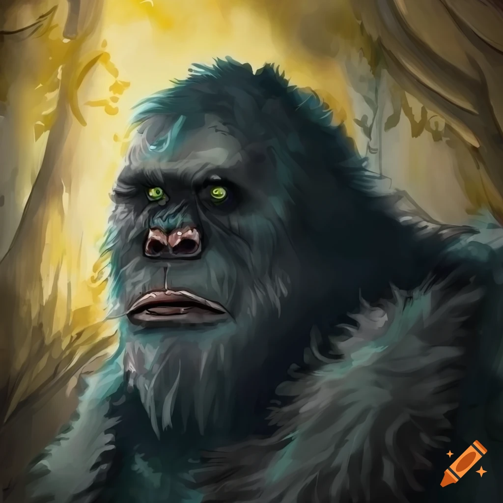 aquarelle portrait of a black-furred heroic bigfoot