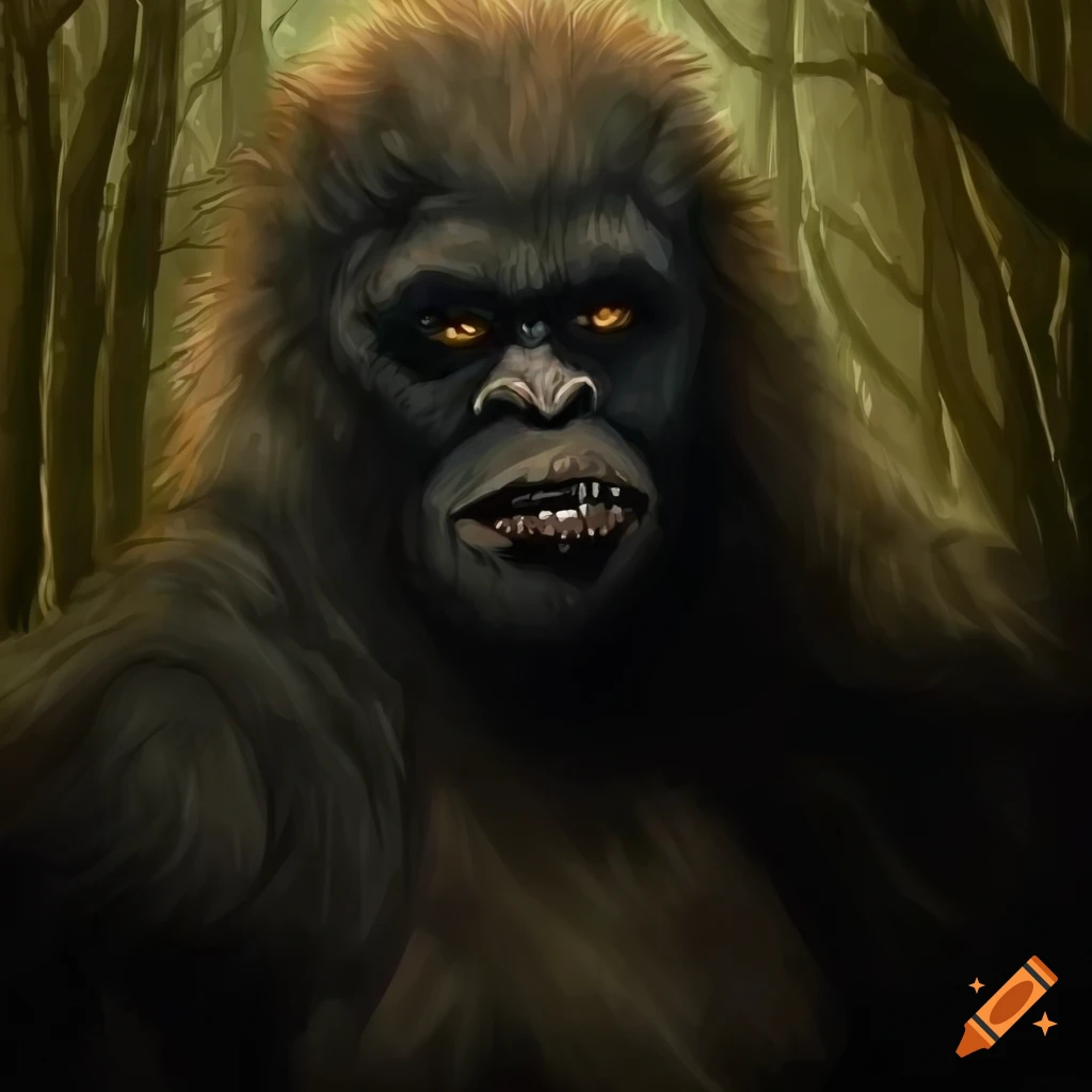 portrait of a majestic black-furred bigfoot in a forest