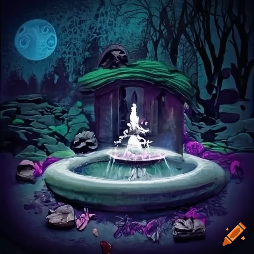 Tim Burton style garden with a fountain at night