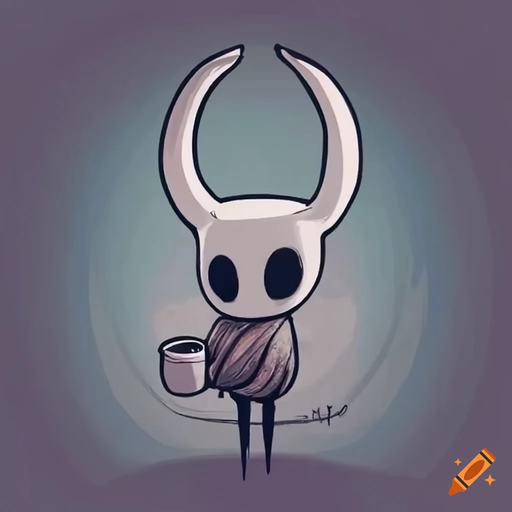 Hollow knight character holding a white mug