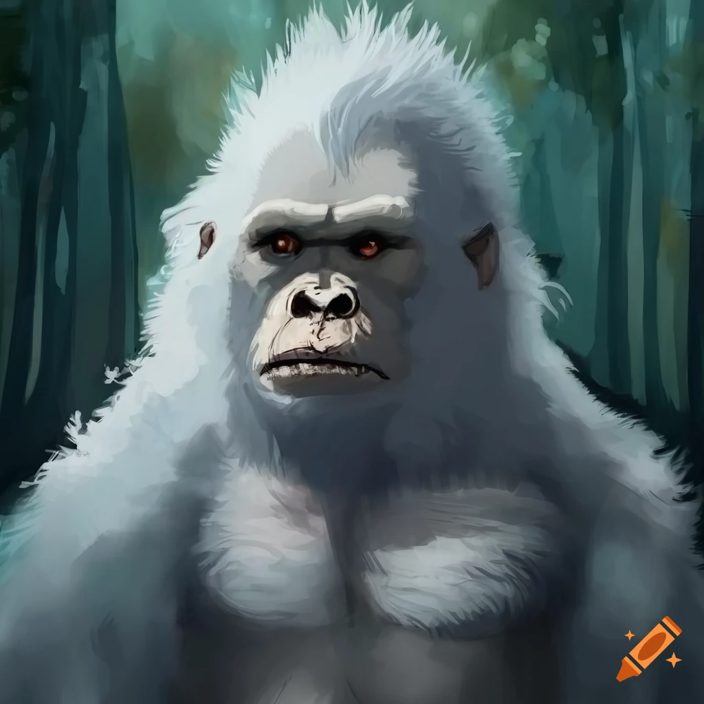 artistic portrait of a white-furred bigfoot in a forest