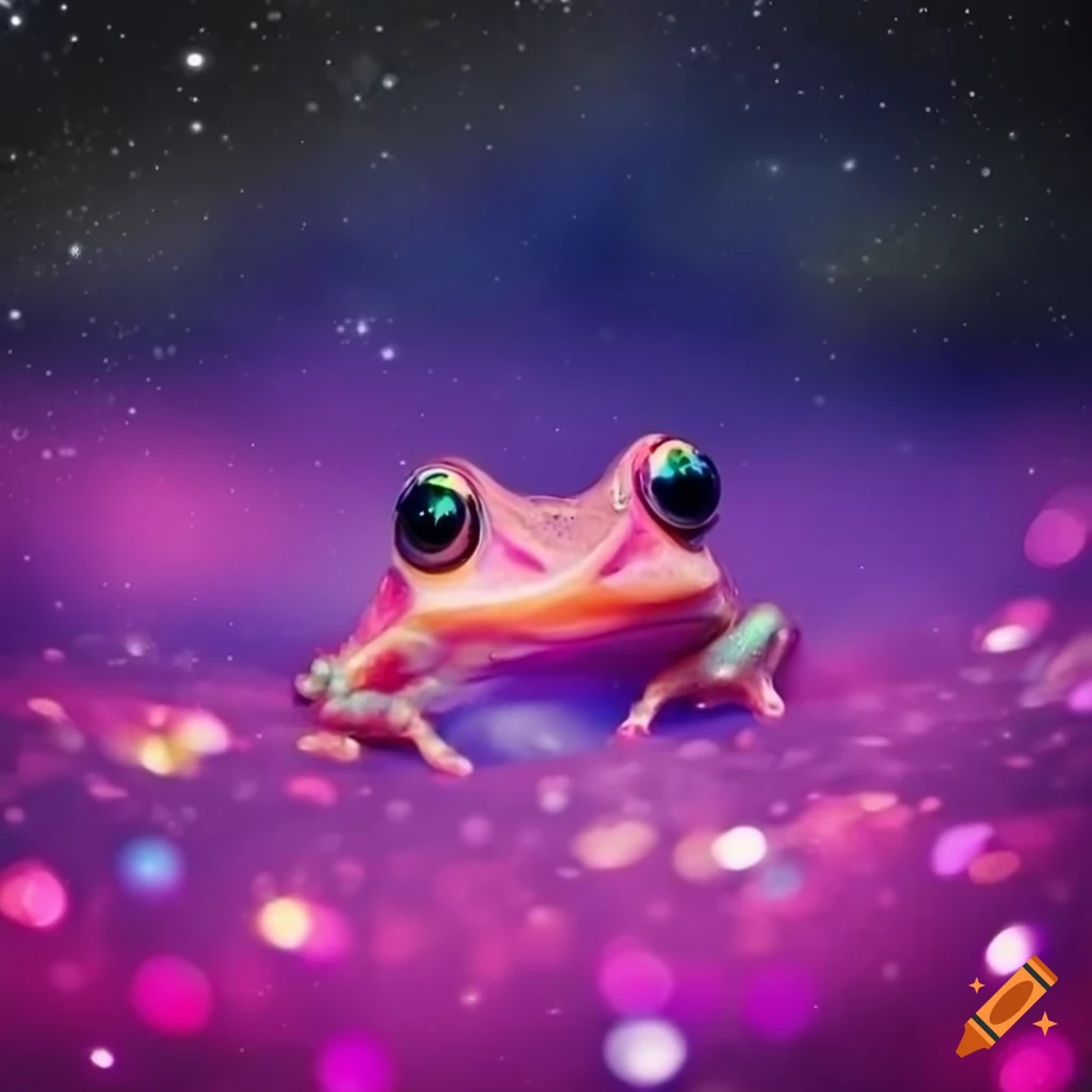 Fantasy artwork of sparkly frogs swimming in a pink pond on Craiyon