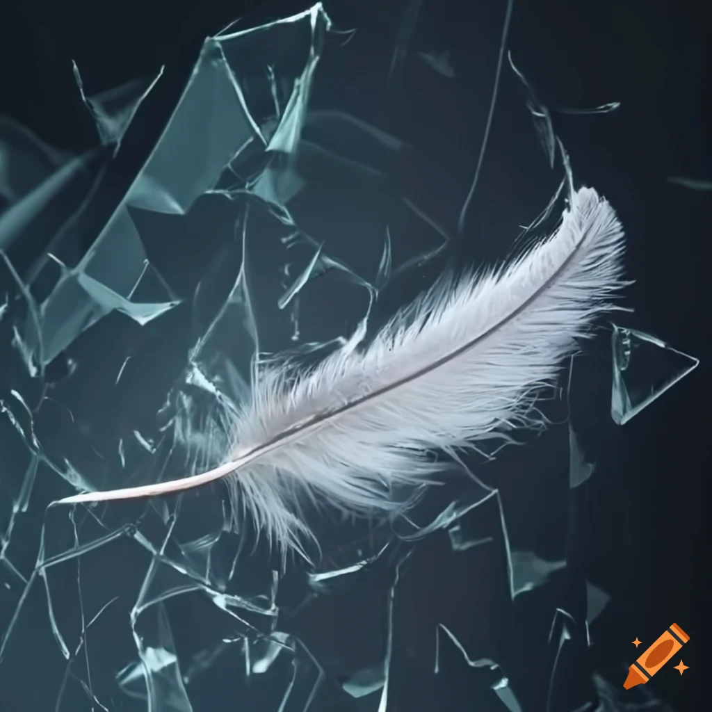 cinematic white feather on shattered glass
