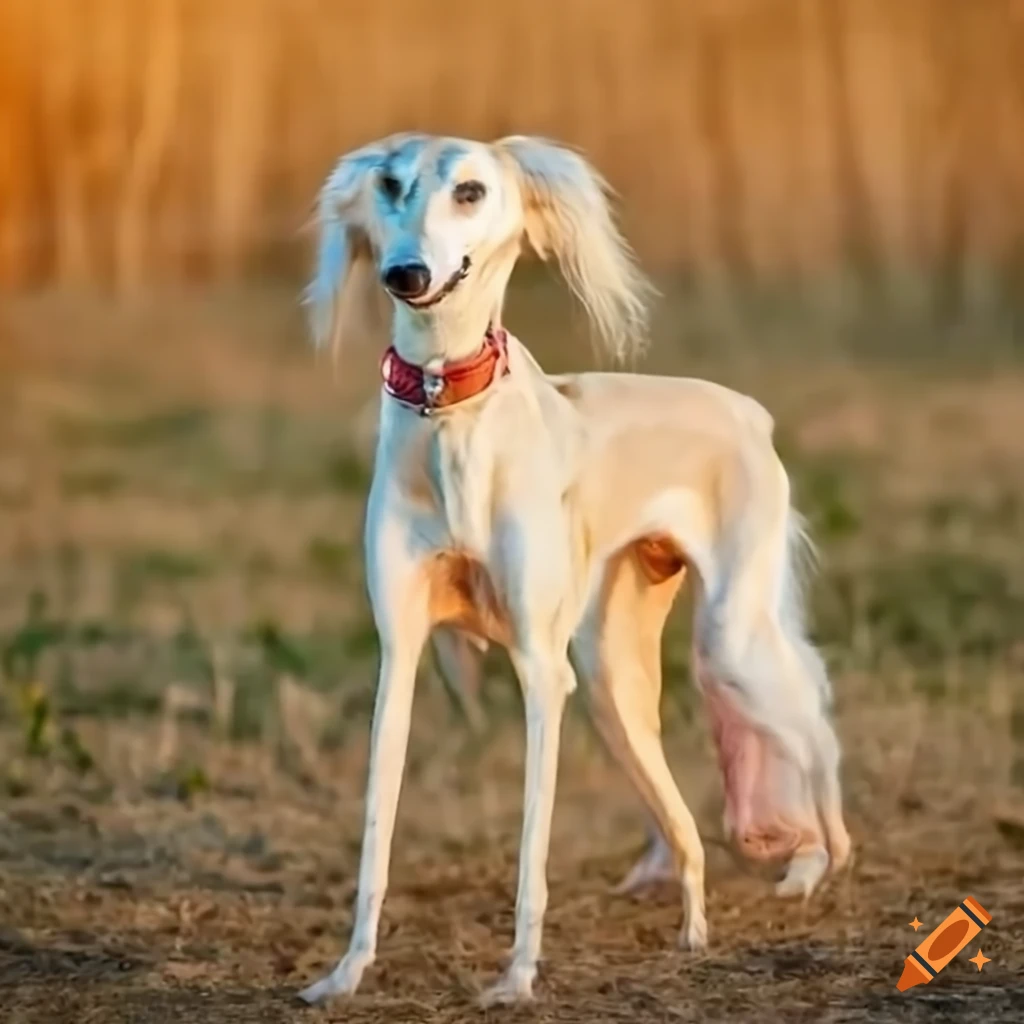 Saluki Siyar dogs in a field at sunset