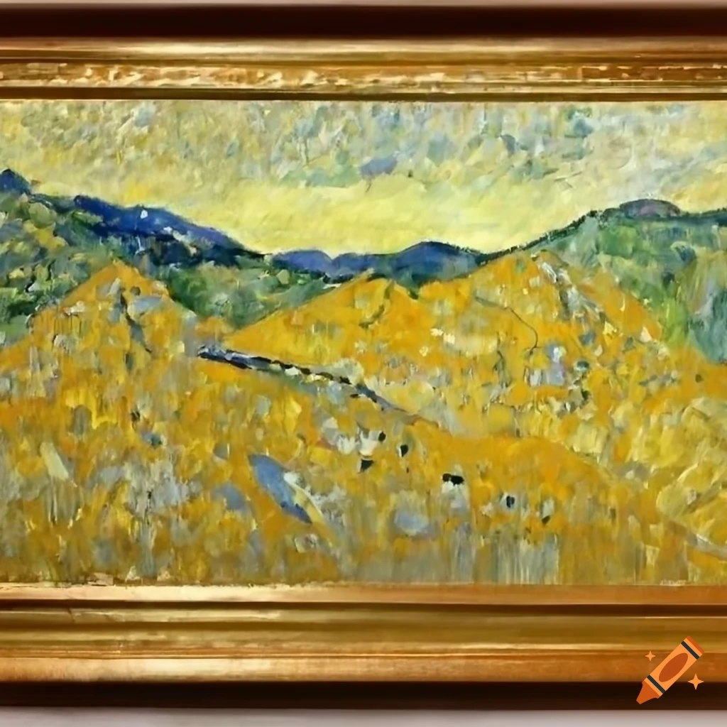 dreamlike artwork of mountains inspired by Manet, Modigliani, and Klimt