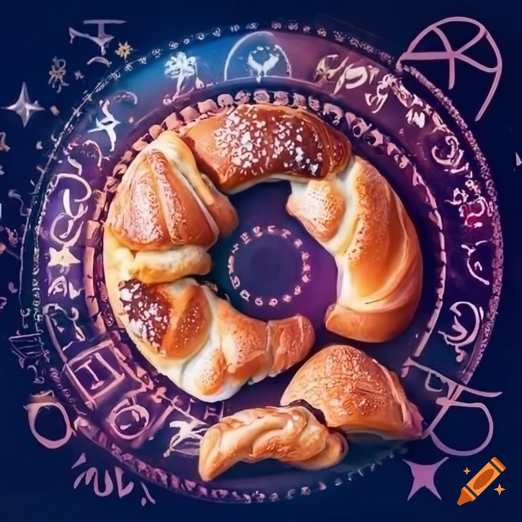 split screen of pastries and astrological symbols