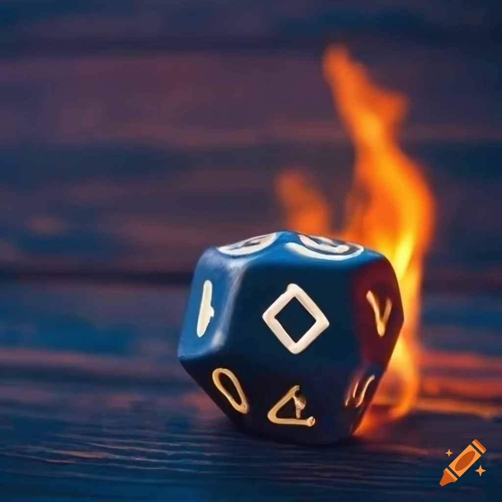 burning dice with runes on a dark blue wooden background