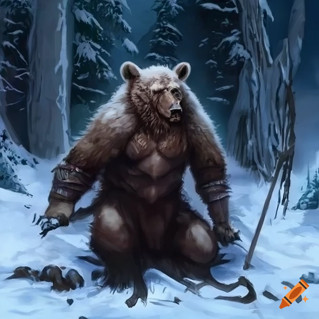 fantasy art of a barbarian with bears in the snow
