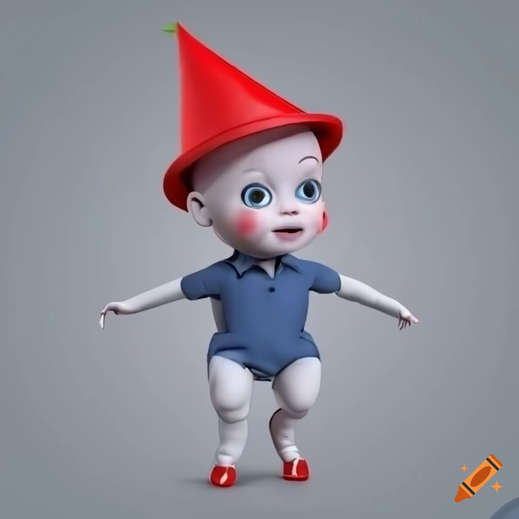 cute 3D cartoon of a baby humanoid with red hat and blue shirt
