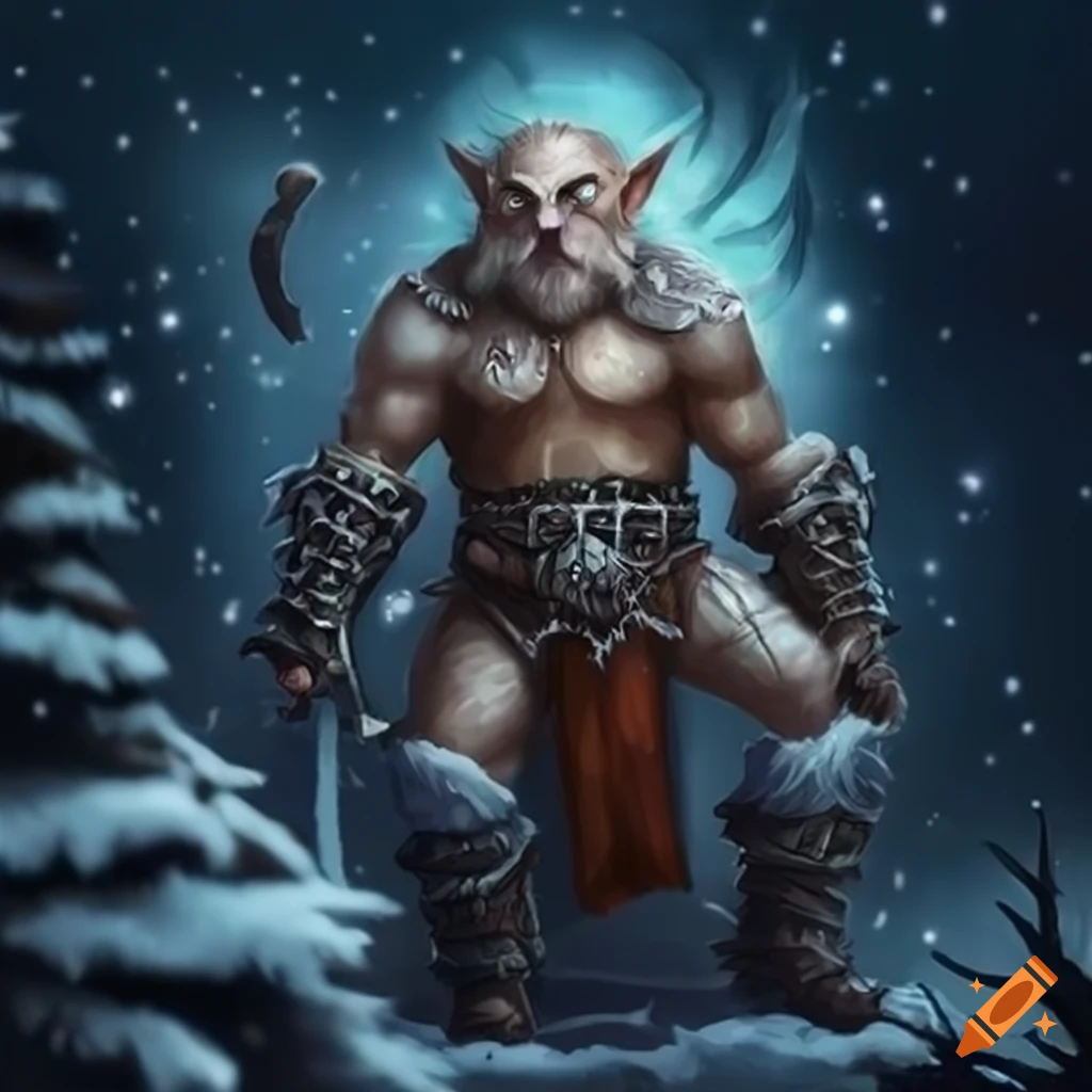 fantasy artwork of a barbarian in the snow with a pet
