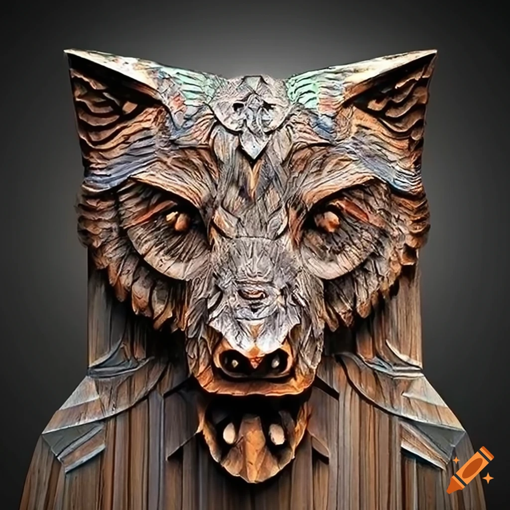 detailed carving of a moth werewolf motif