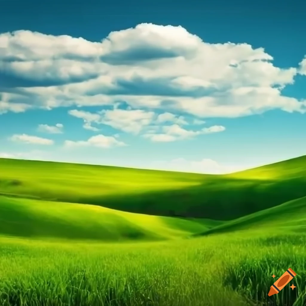 dreamy landscape with blue sky and green meadow hills