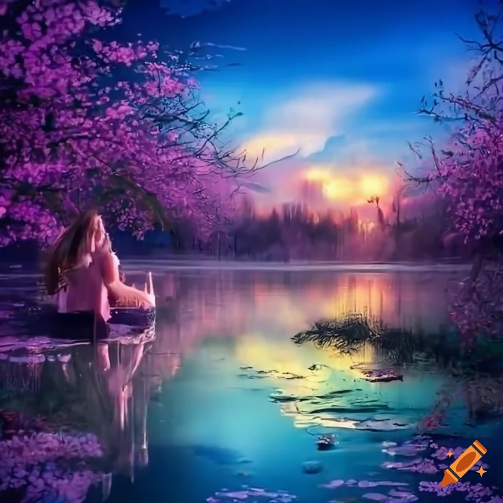 sakura pond with magical lights and a woman sitting by it