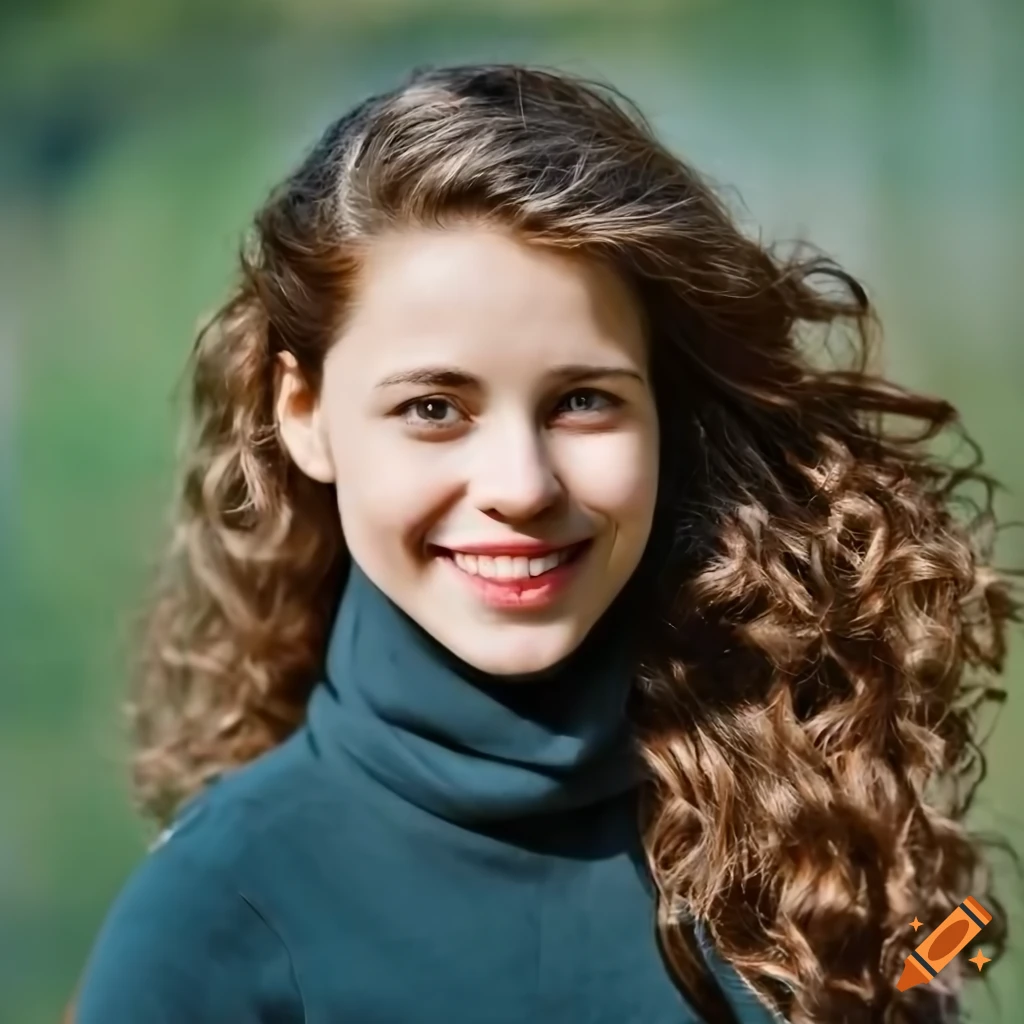 Portrait of a young woman with curly hair and a warm smile on Craiyon