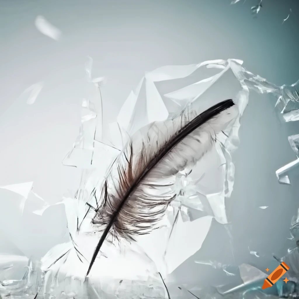 feather on shattered glass in a white room
