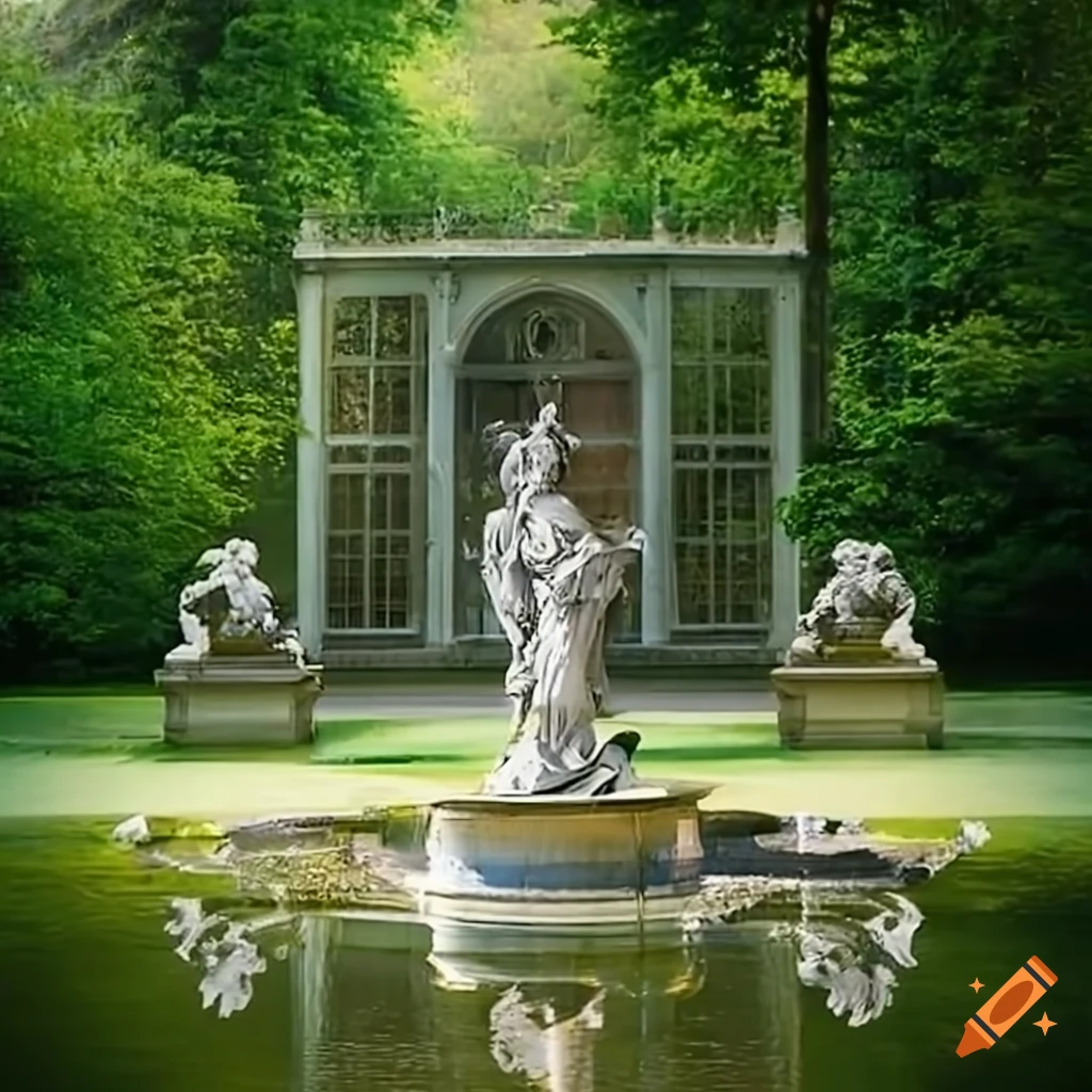 fountain in a rococo garden with an angel statue