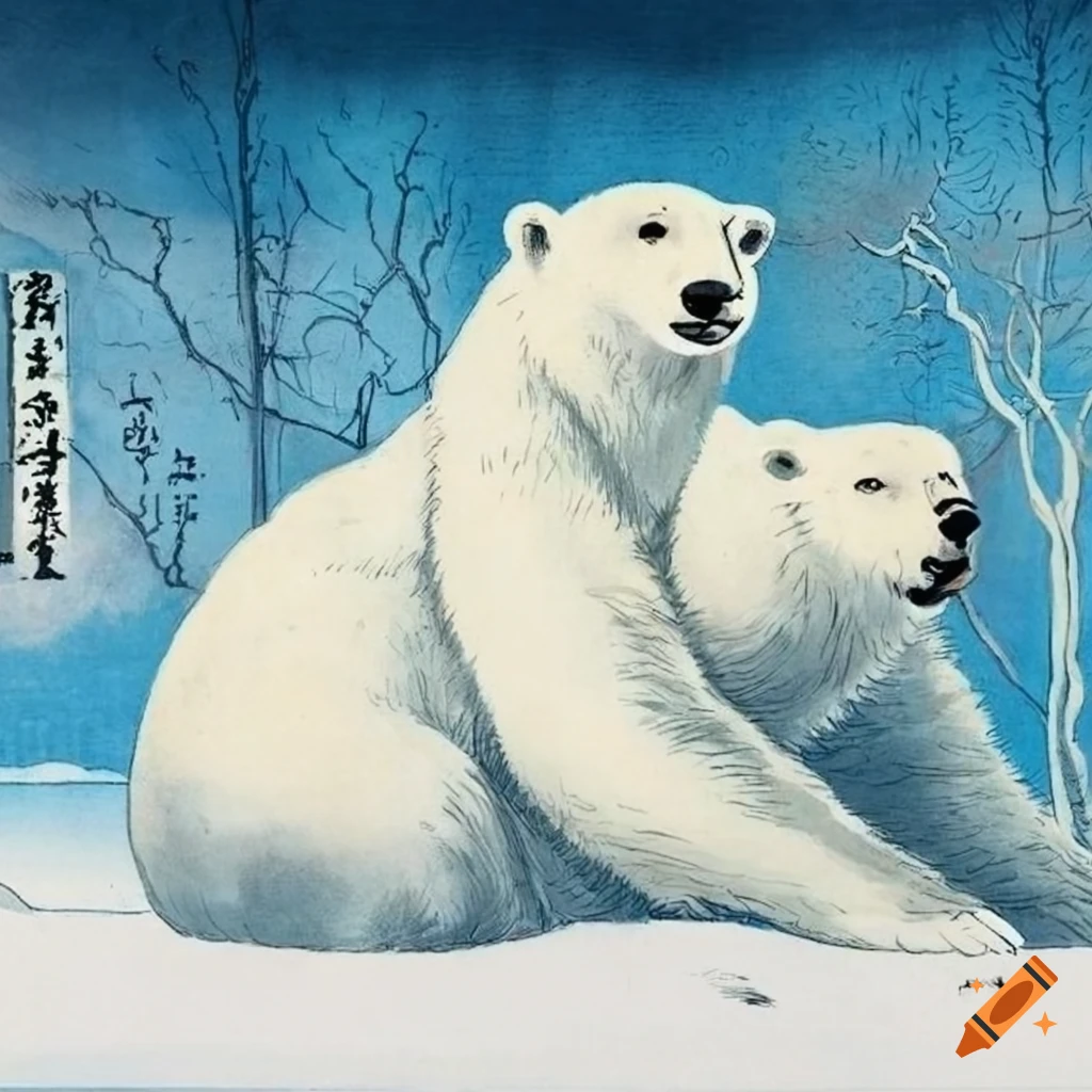 ukiyo-e illustration of a polar bear with Japanese text