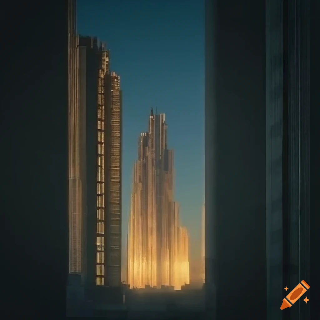 futuristic metropolis at dusk with high rise buildings
