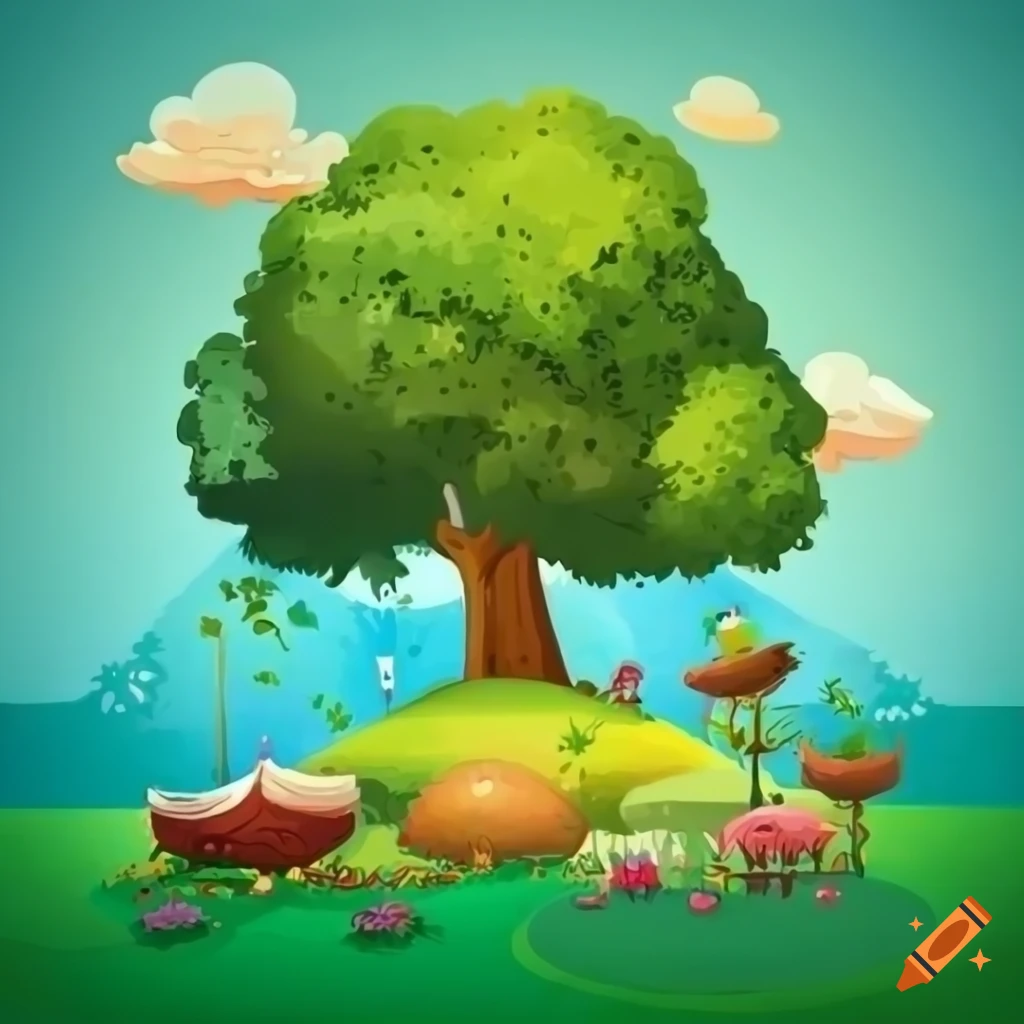 colorful illustration of trees in a garden