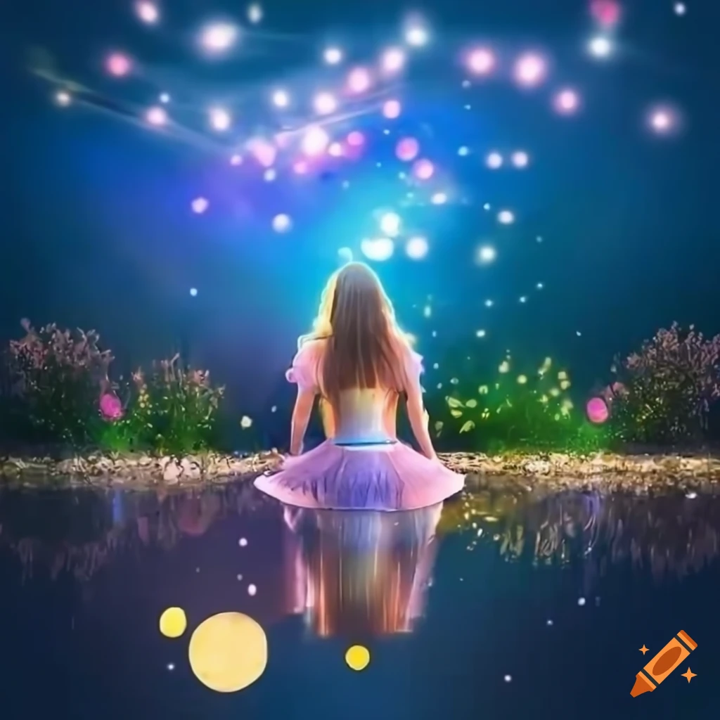magical sakura pond with a woman sitting by it