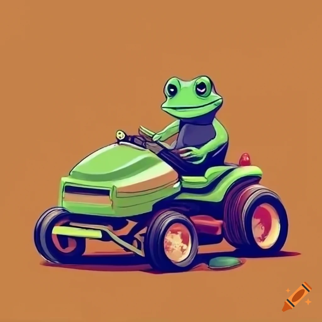 frog riding a lawn mower in Japanese style