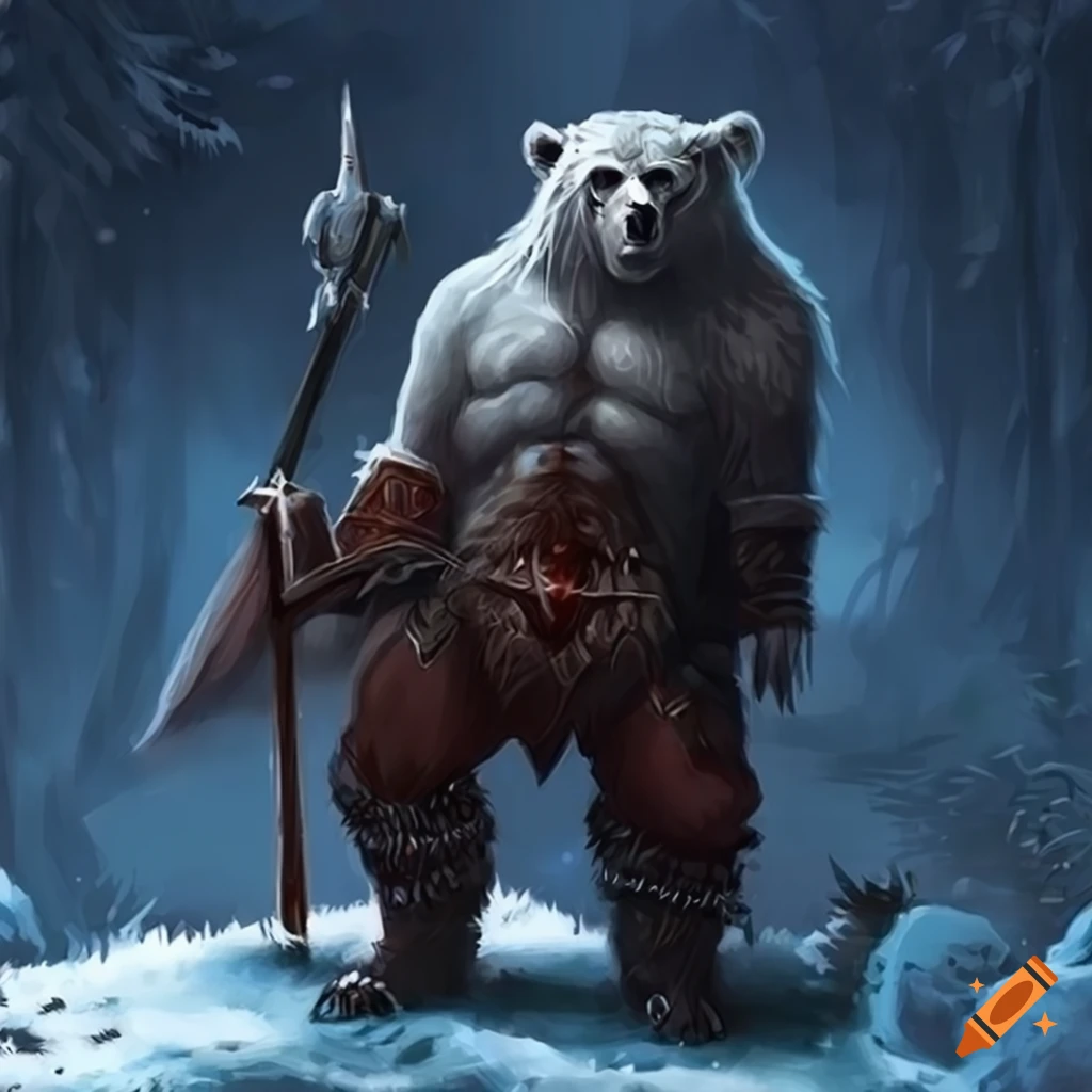 fantasy art of a barbarian with bears in the snow