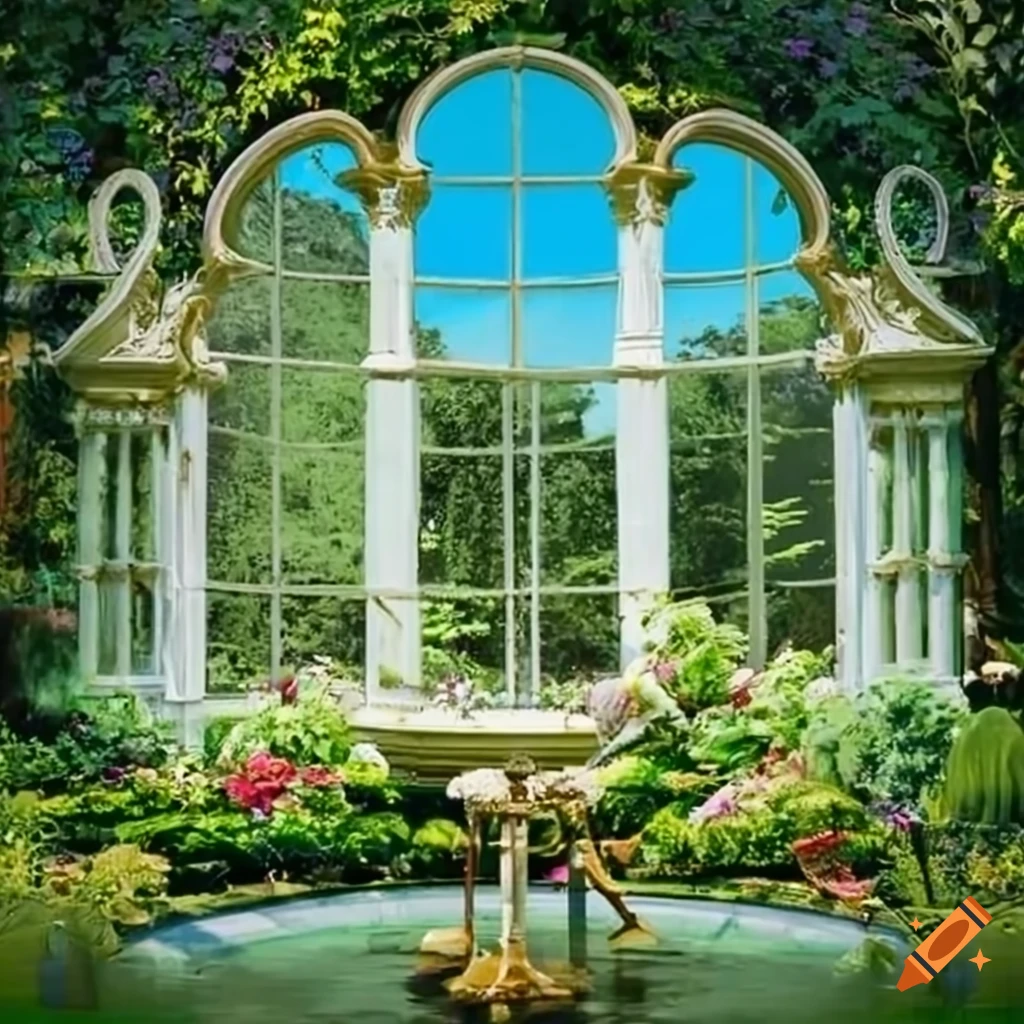 rococo garden with tall windows and white pillars
