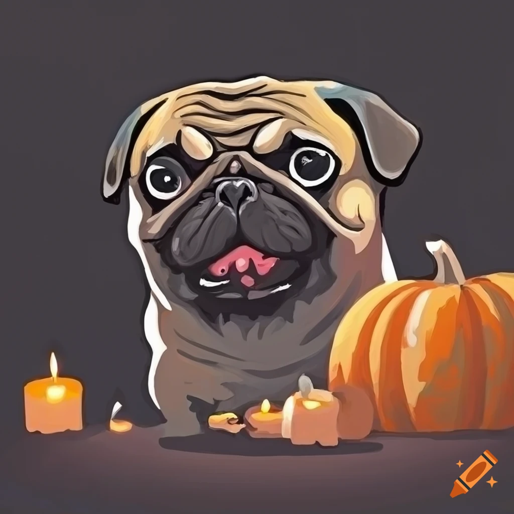 artistic depiction of a smiling pug surrounded by pumpkins and books