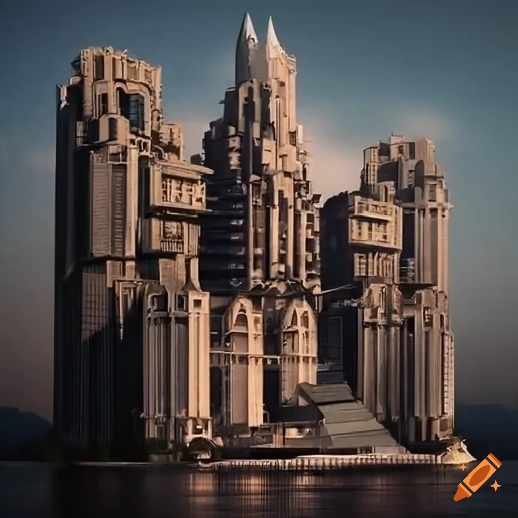 detailed artwork of a flying massive building in a futuristic city