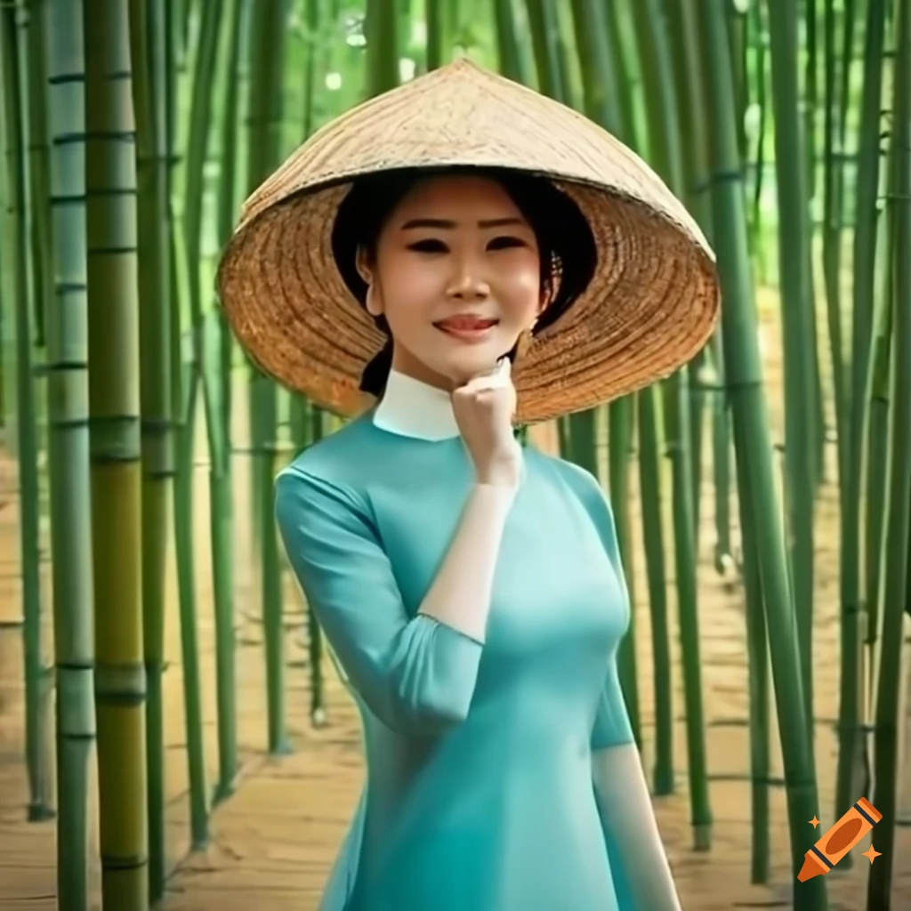 Vietnamese lady in áo dài walking through bamboo forest