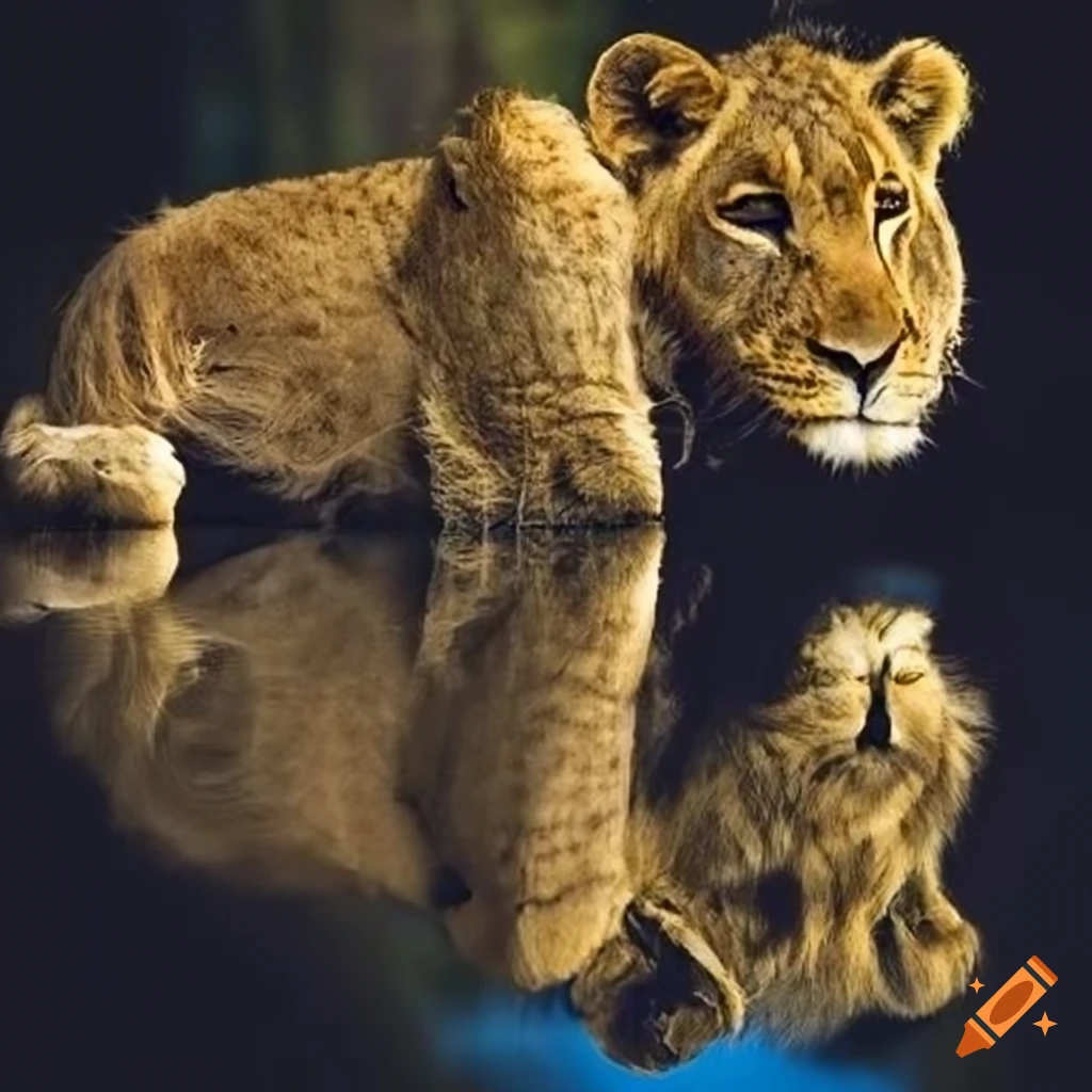 stencil art of a baby lion and adult lion reflection