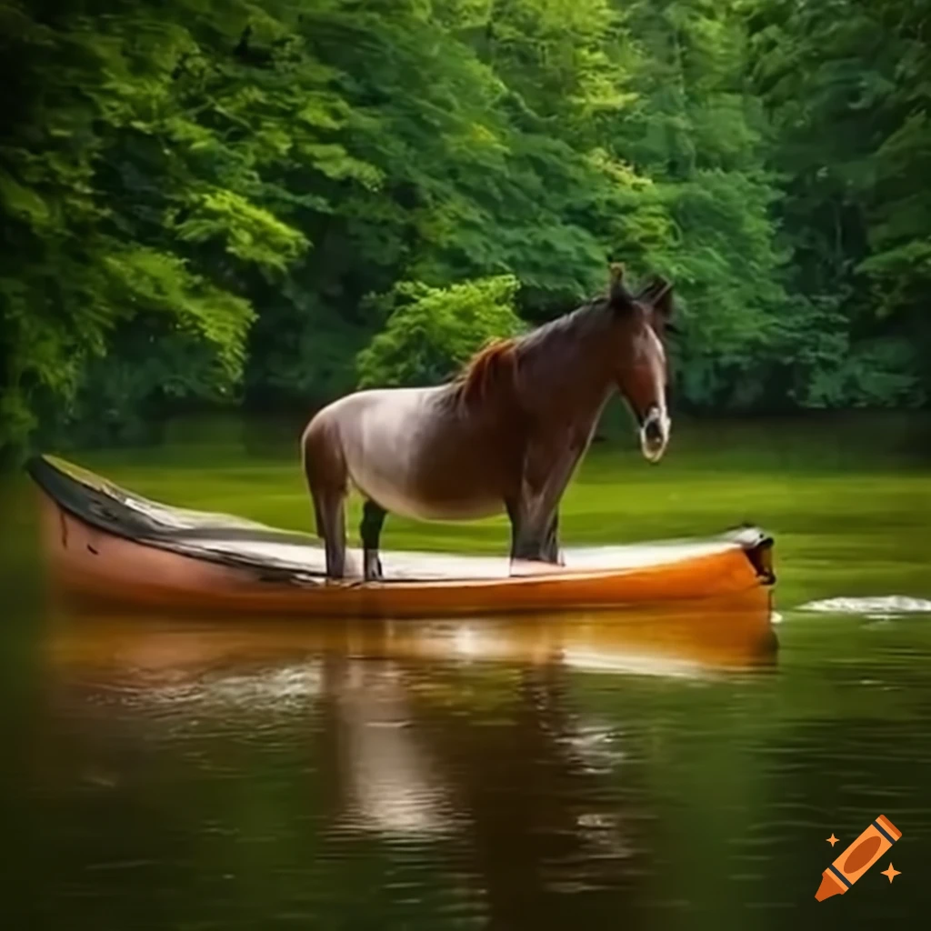 image of a horse kayaking in a forest river