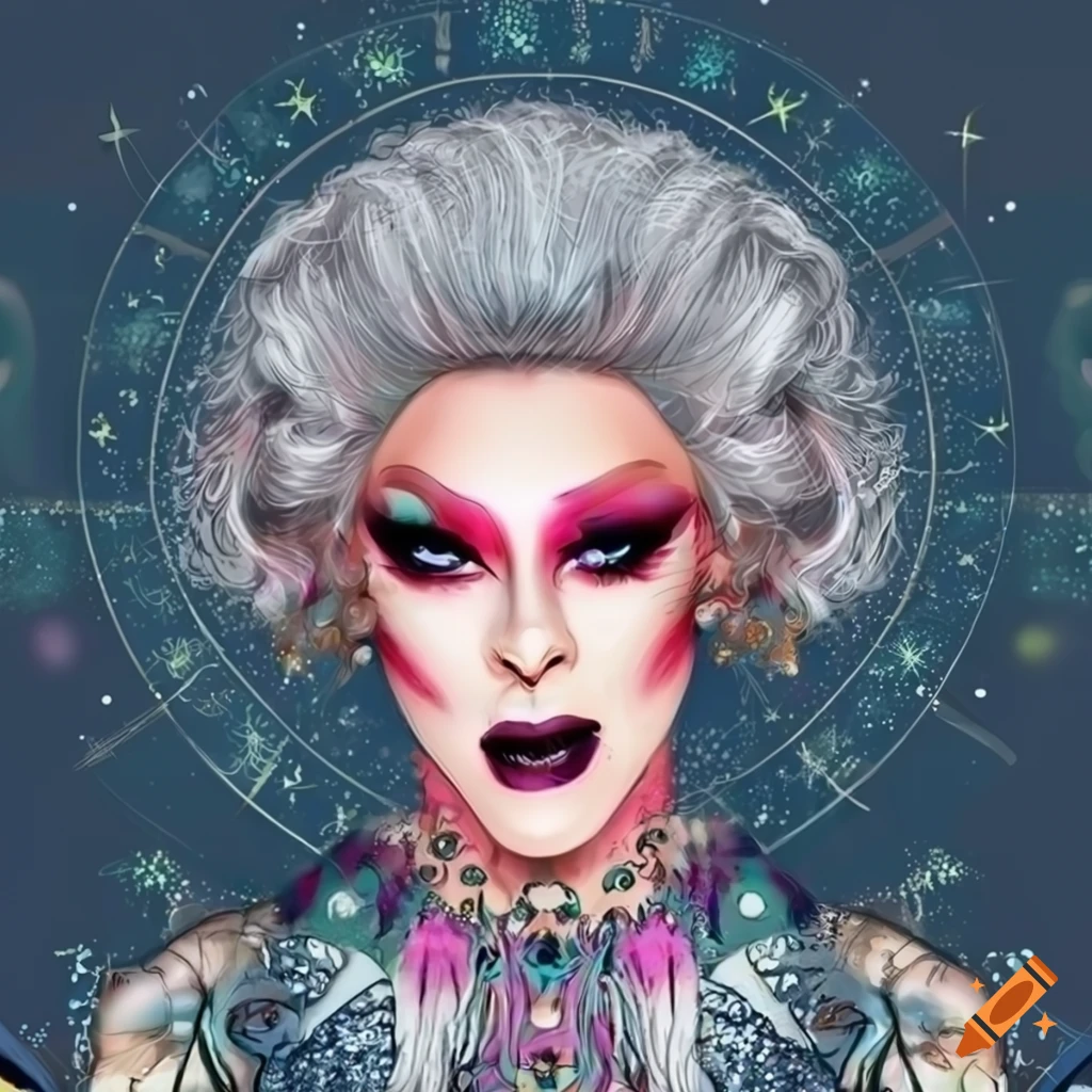 illustration of a stylish witch with grey hair and zodiac-themed background