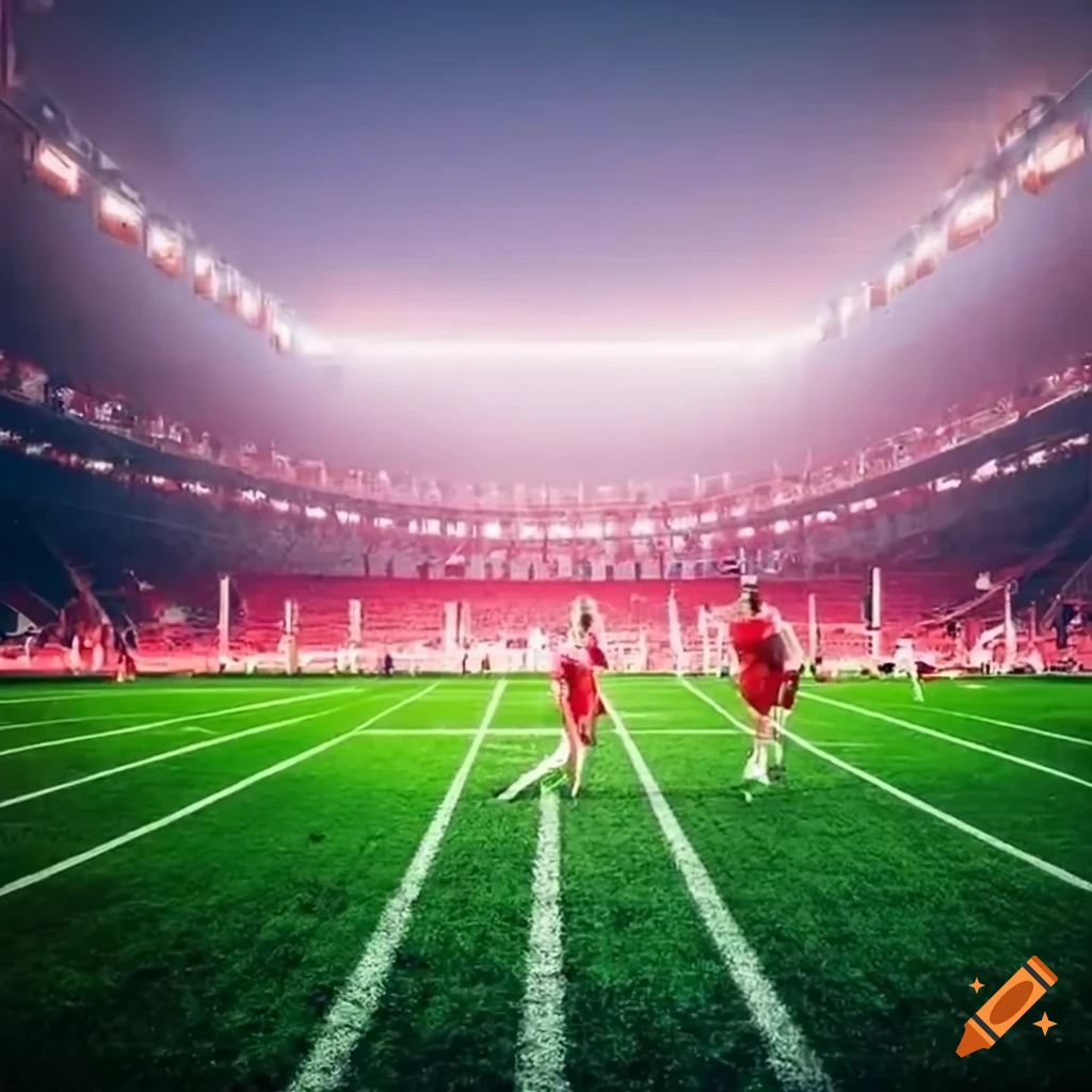 football field with players and CV in the middle