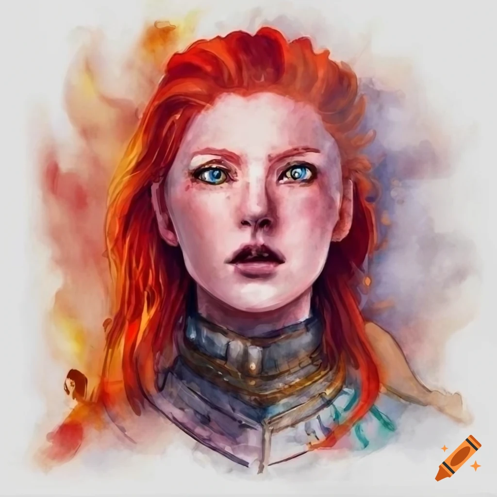 watercolor portrait of a fiery red-haired warrior in a fantasy setting
