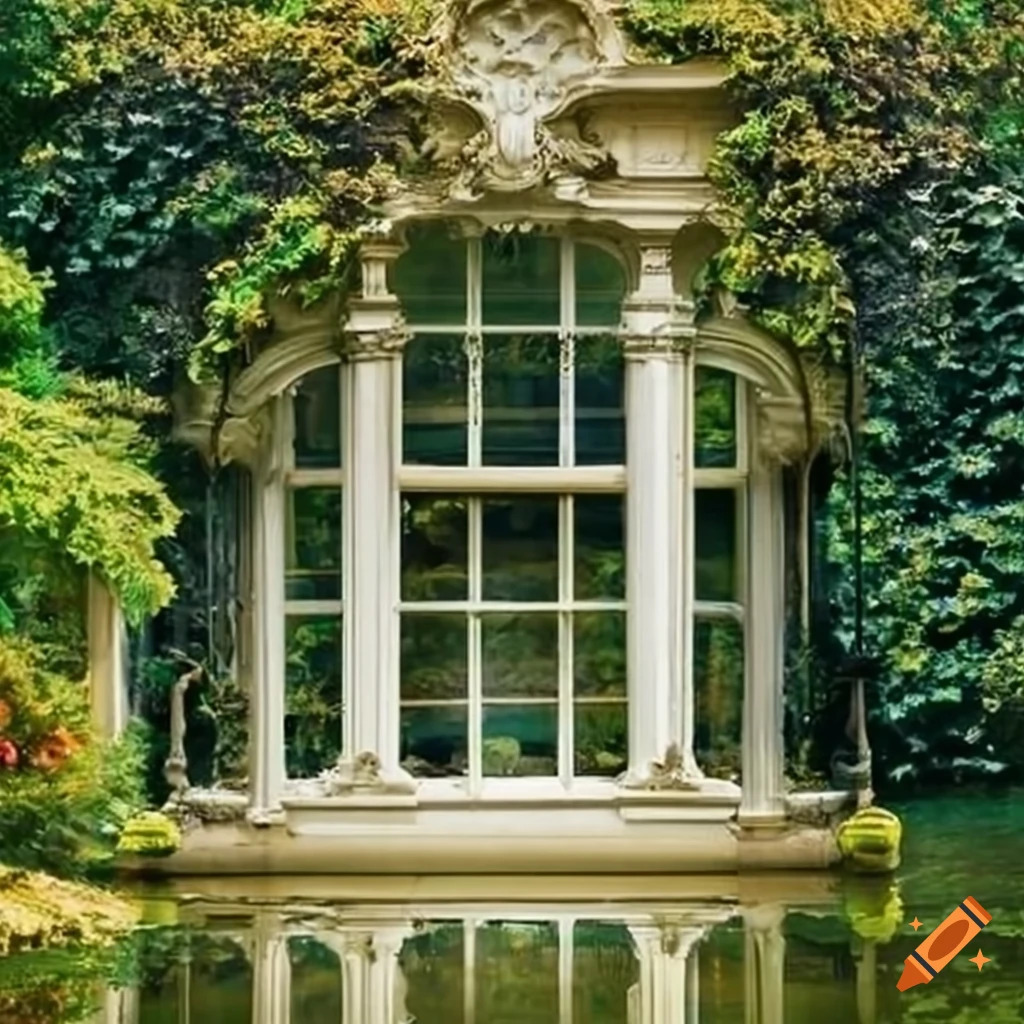 rococo-style windows overlooking a beautiful garden pond