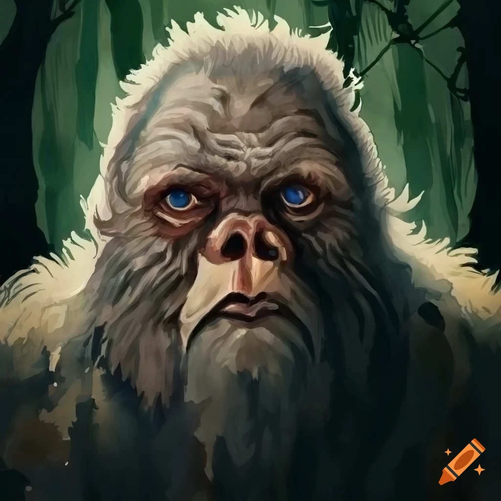 colorless aquarel of a heroic bigfoot in a forest
