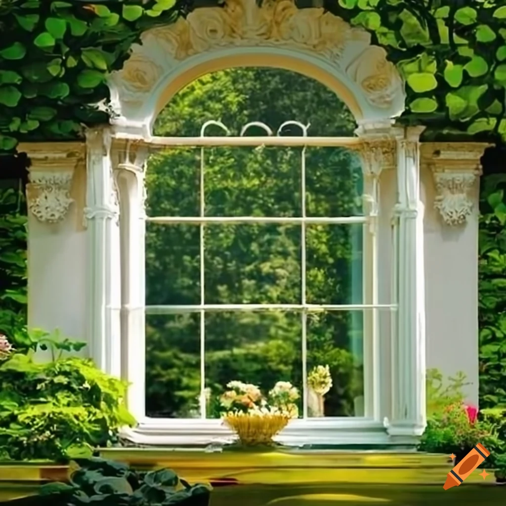 tall rococo windows overlooking a pond in a garden