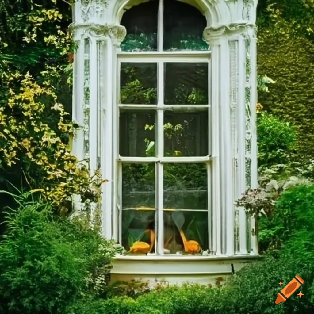 Rococo-style garden with tall windows and white pillars on Craiyon