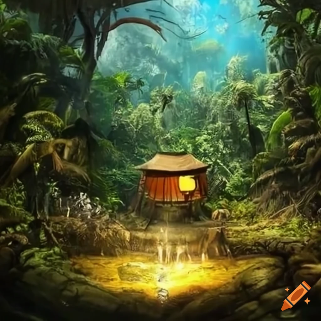 image of a camp in a mystical Amazon jungle