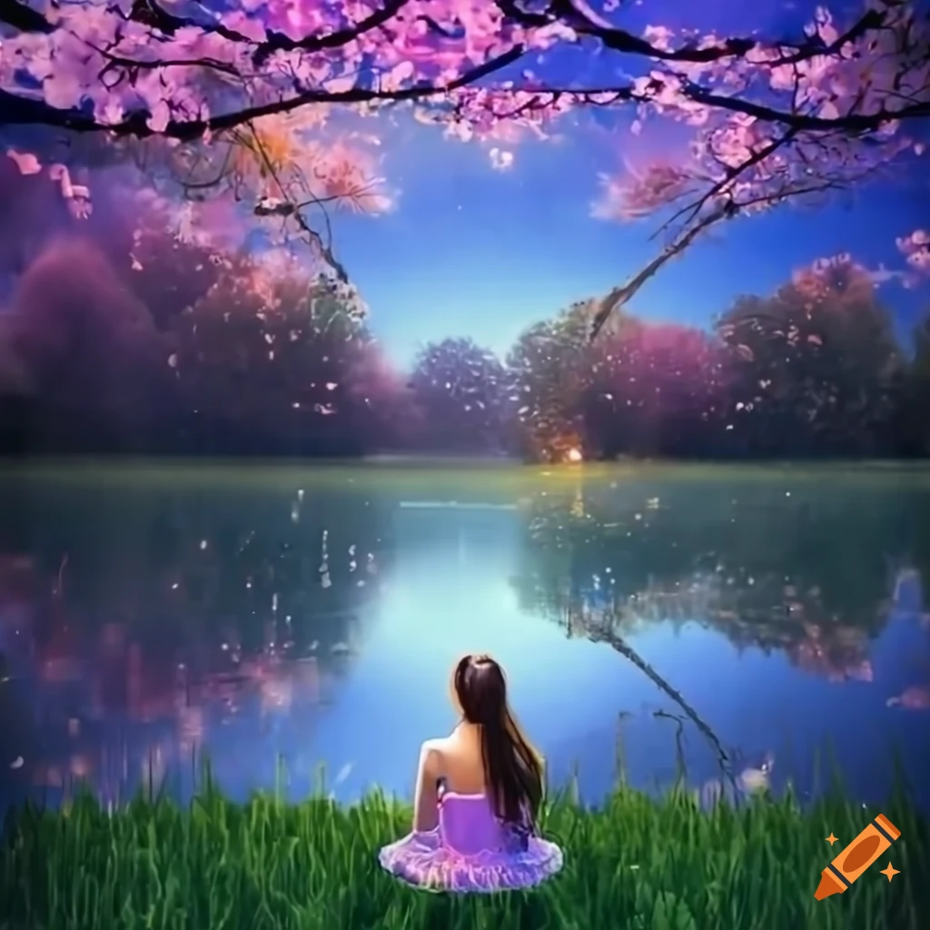 sakura pond with magical lights and a woman sitting by it