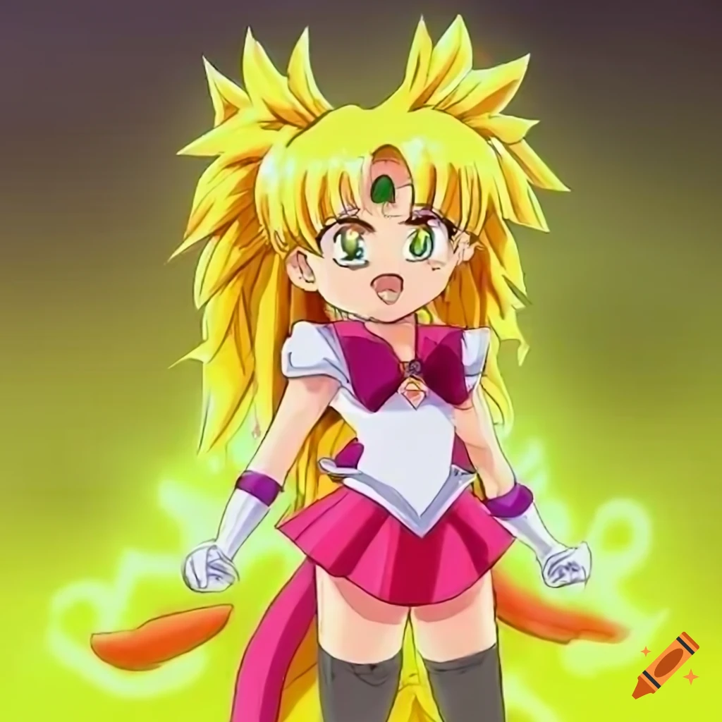 fanart of SSJ Sailor Chibi Moon with yellow pigtails and powerful aura