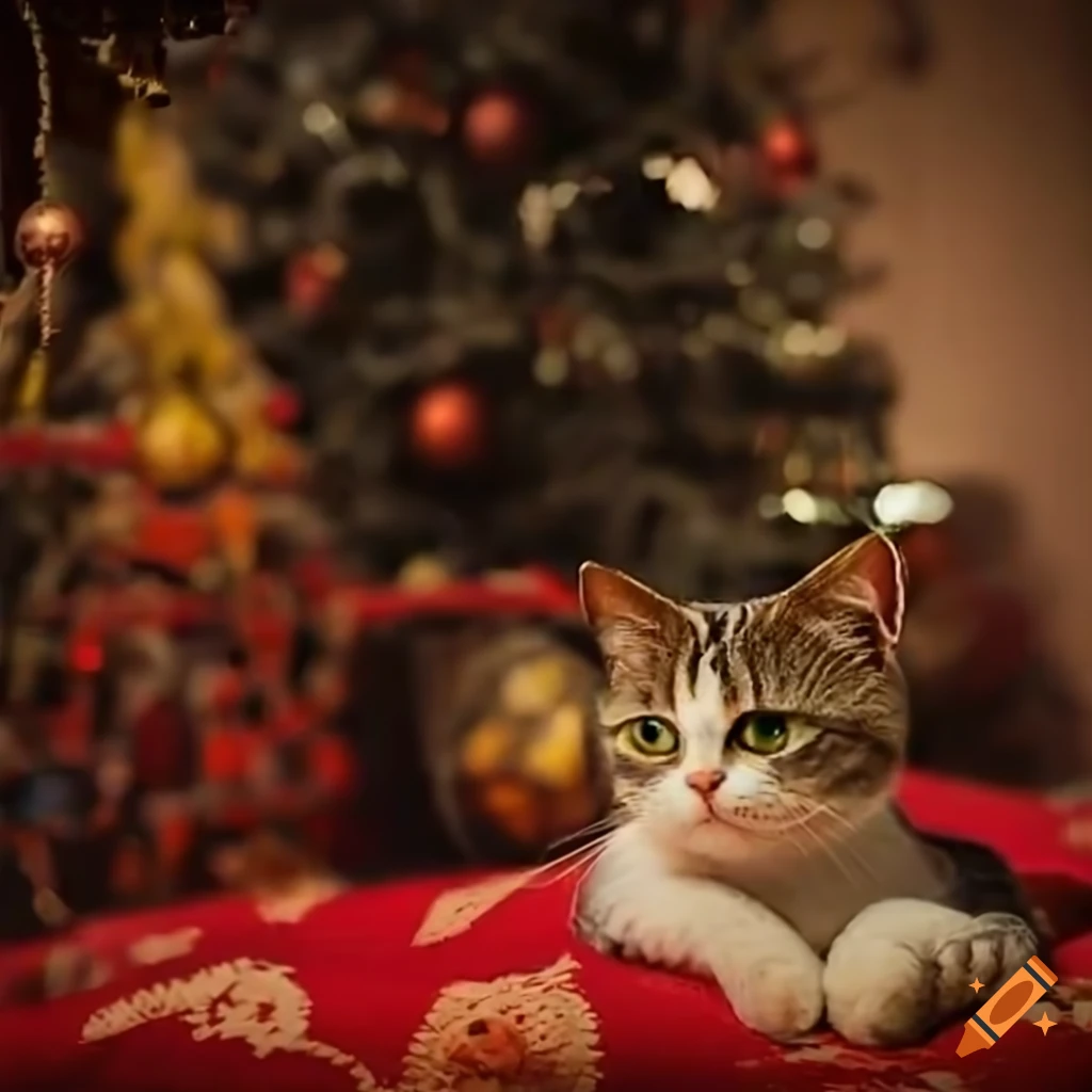 image of Soviet New Year's toys and a cat under a New Year tree