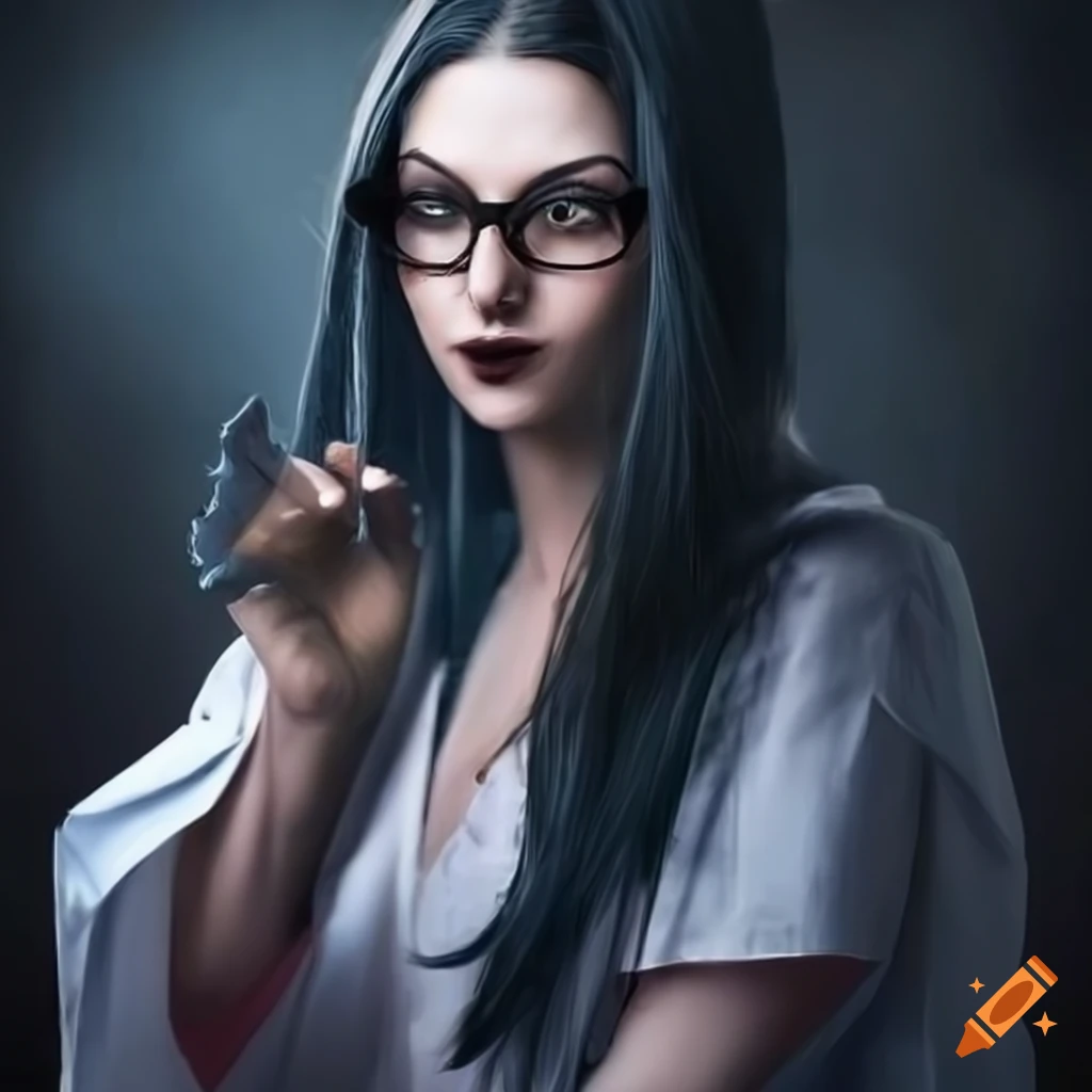 dark fantasy woman with glasses outside a pharmacy
