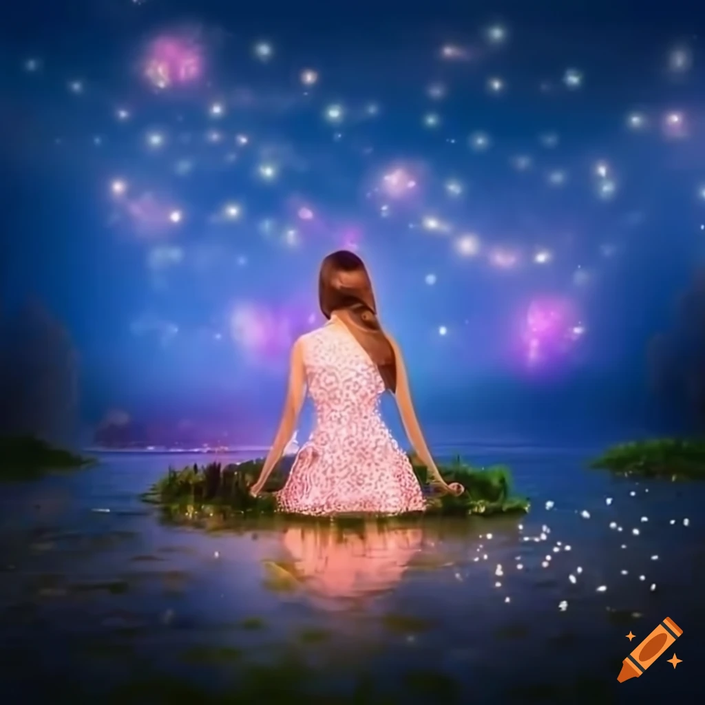 sakura pond with magical lights and a woman sitting by it