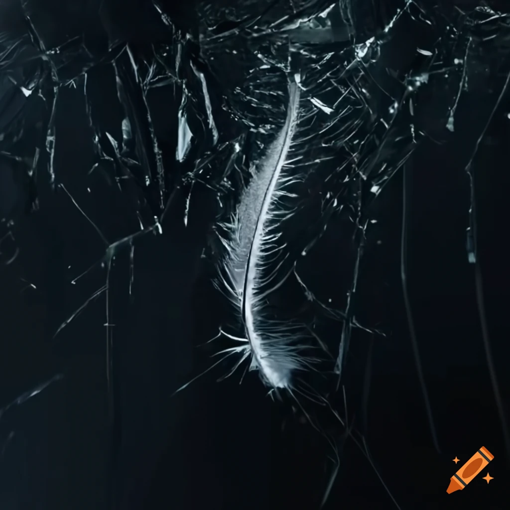 cinematic white feather on shattered glass
