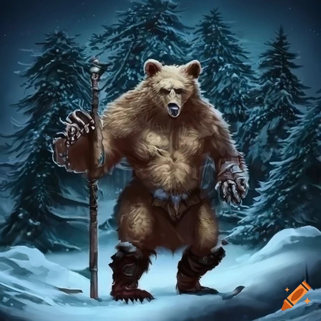 fantasy art of a barbarian with bears in the snow