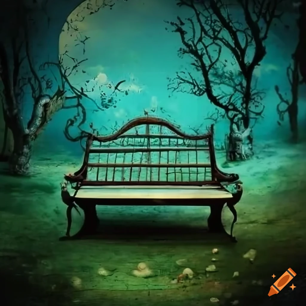 tim burton style garden with a bench