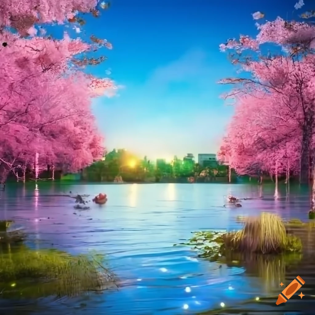sakura pond with magical lights